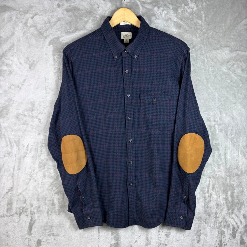 J Crew Mens Cotton Wool Flannel Shirt Elbow Patches Slim Large Blue Heritage Dad